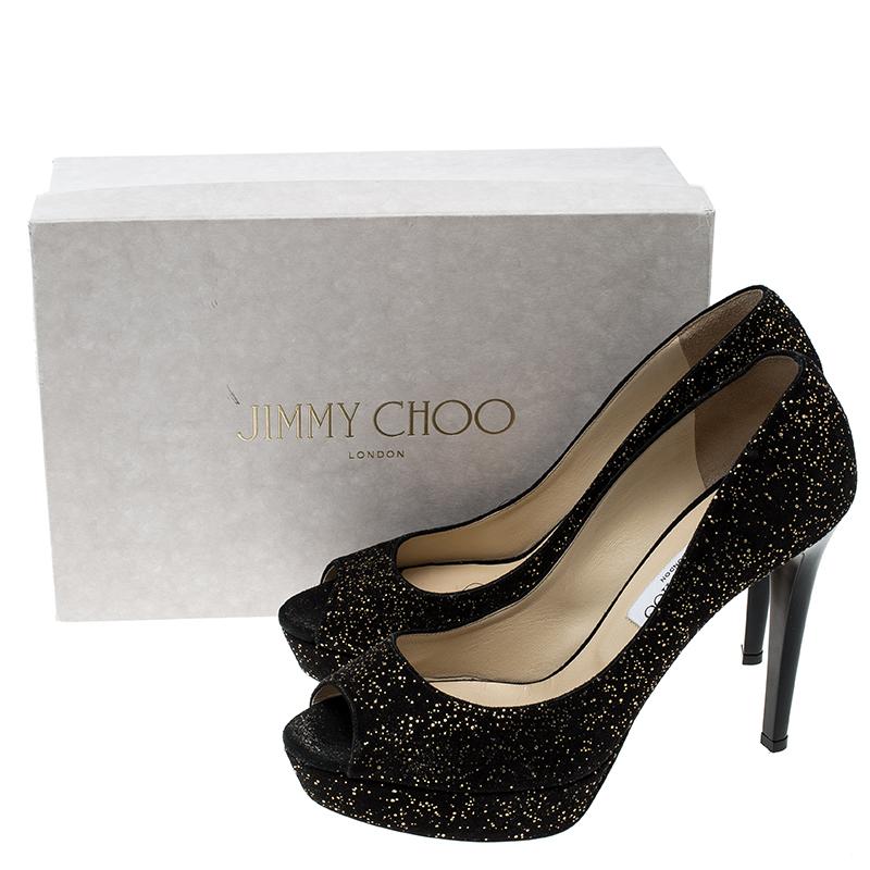 Jimmy Choo Black Textured Suede Crown Peep Toe Platform Pumps Size 41 4
