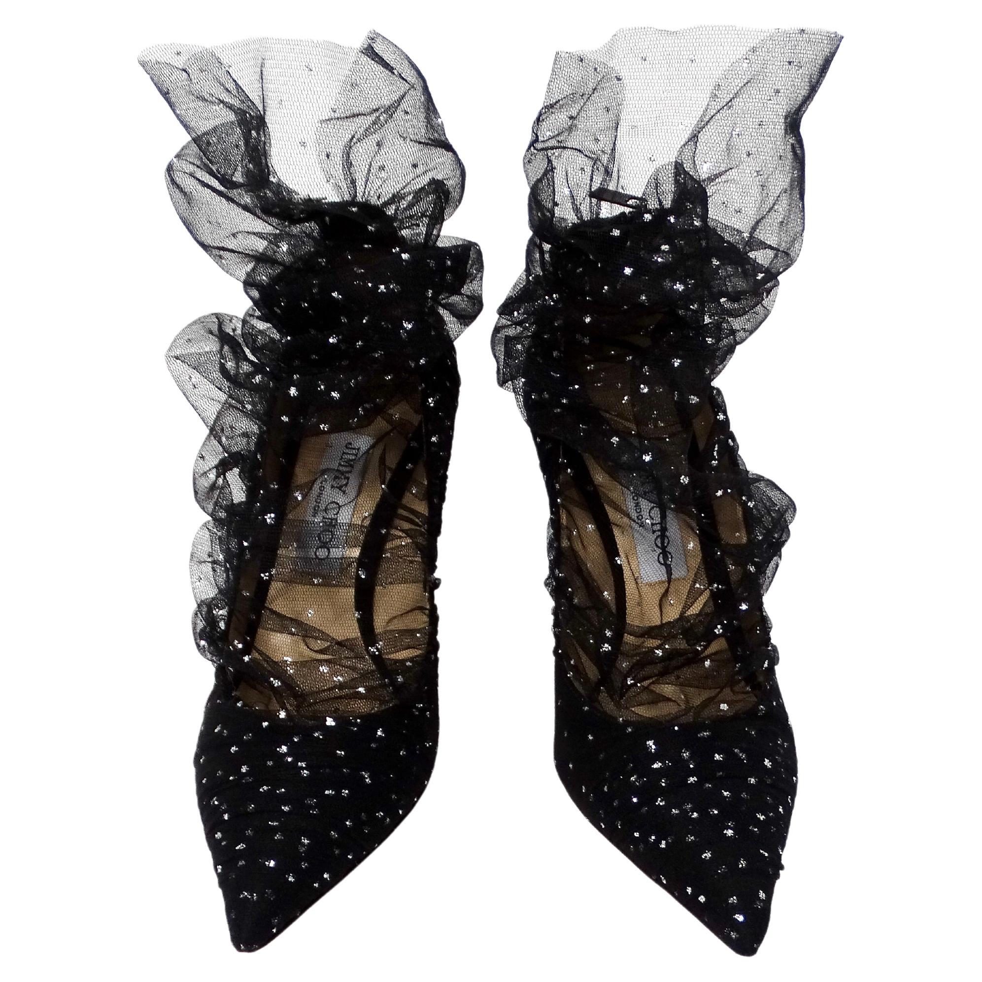 Jimmy Choo - Escarpins 100 mm à paillettes en tulle et daim - Noir en vente