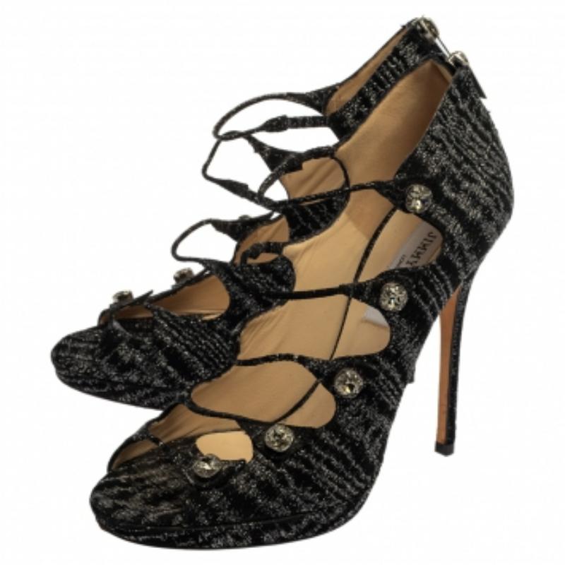 Women's Jimmy Choo Black Tweed Strappy Sandals Size 40 For Sale