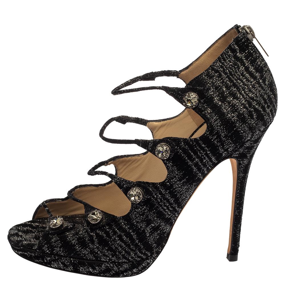 Women's Jimmy Choo Black Tweed Strappy Sandals Size 40 For Sale