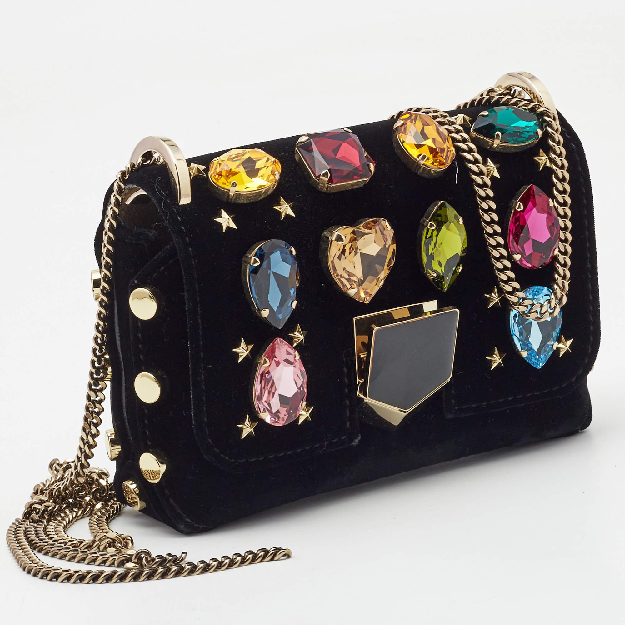Jimmy Choo Black Velvet Mini Embellished Lockett Shoulder Bag In Good Condition In Dubai, Al Qouz 2