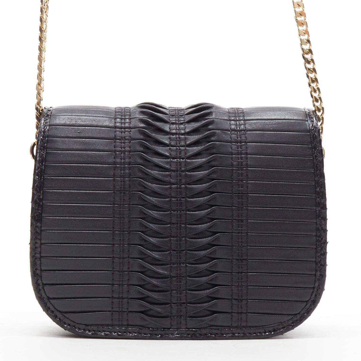 JIMMY CHOO black woven pleated leather gold bar detail flap crossbody bag In Good Condition In Hong Kong, NT
