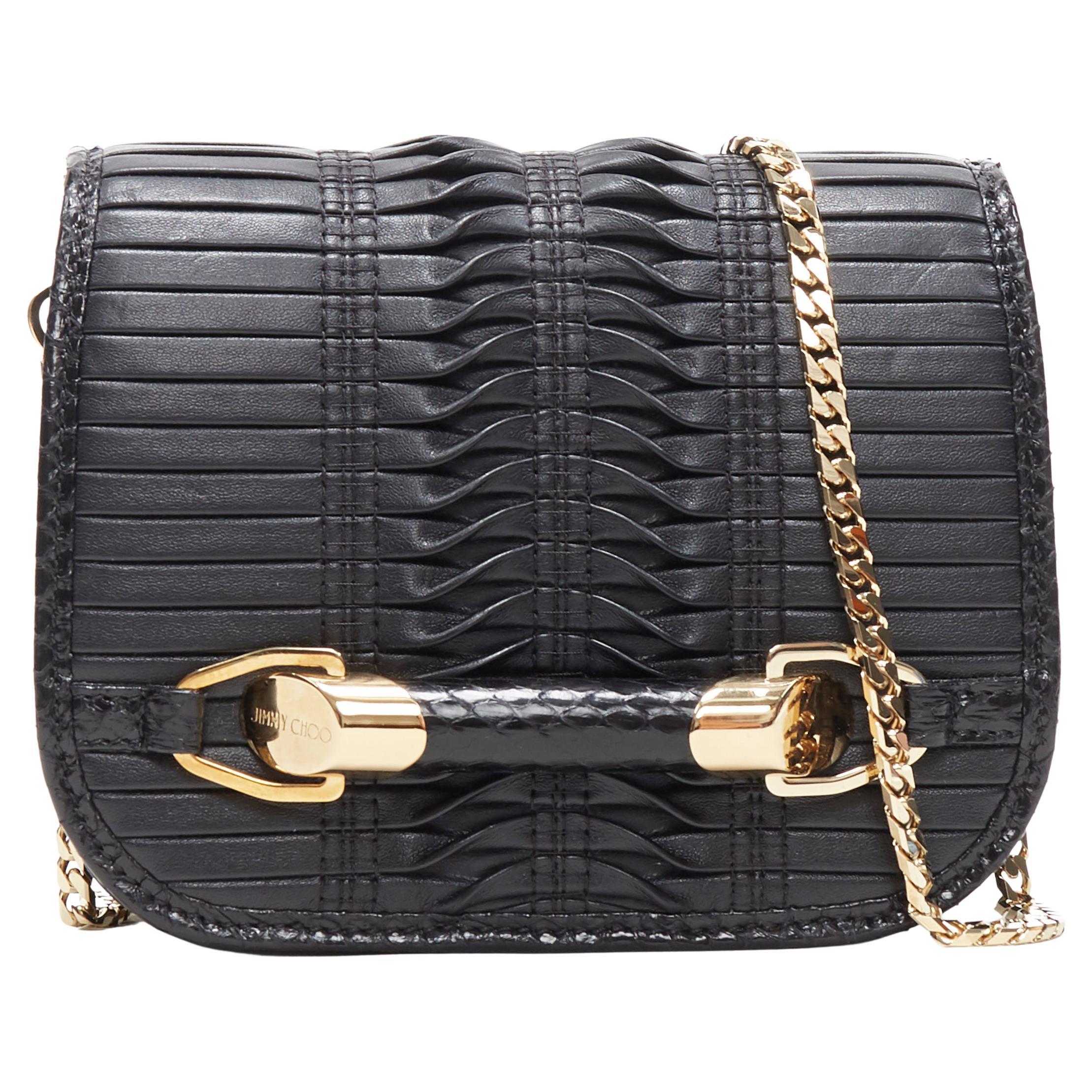 JIMMY CHOO black woven pleated leather gold bar detail flap crossbody bag