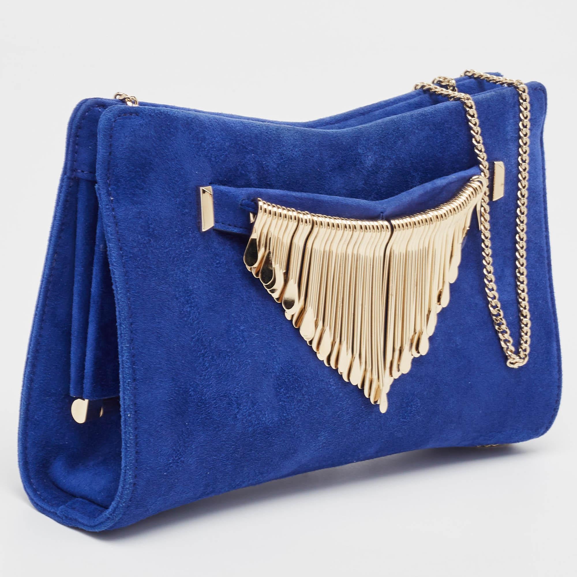 Jimmy Choo Blue Alcantara Fringe Bracelet Venus Chain Clutch In Excellent Condition For Sale In Dubai, Al Qouz 2