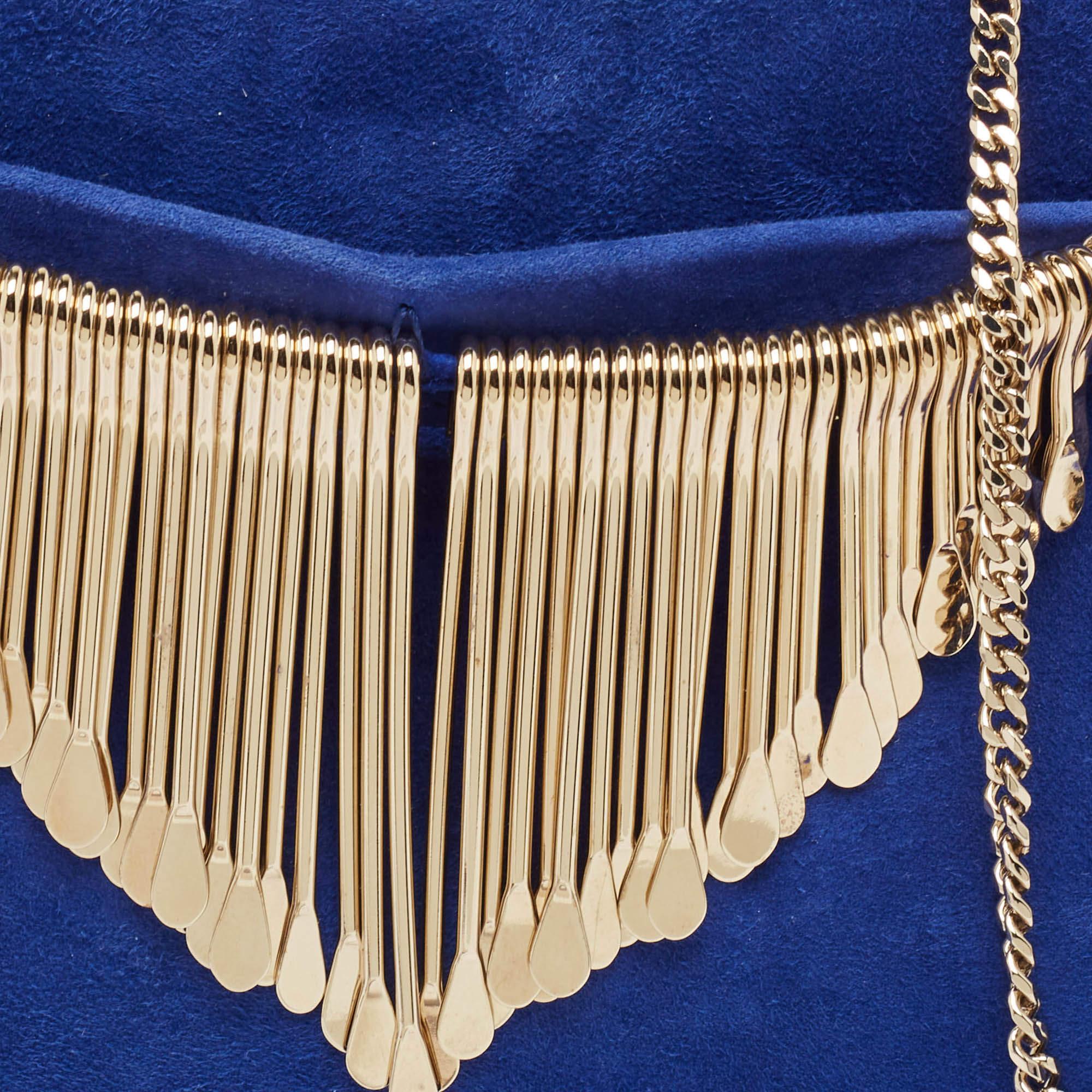 Jimmy Choo Blue Alcantara Fringe Bracelet Venus Chain Clutch For Sale 1