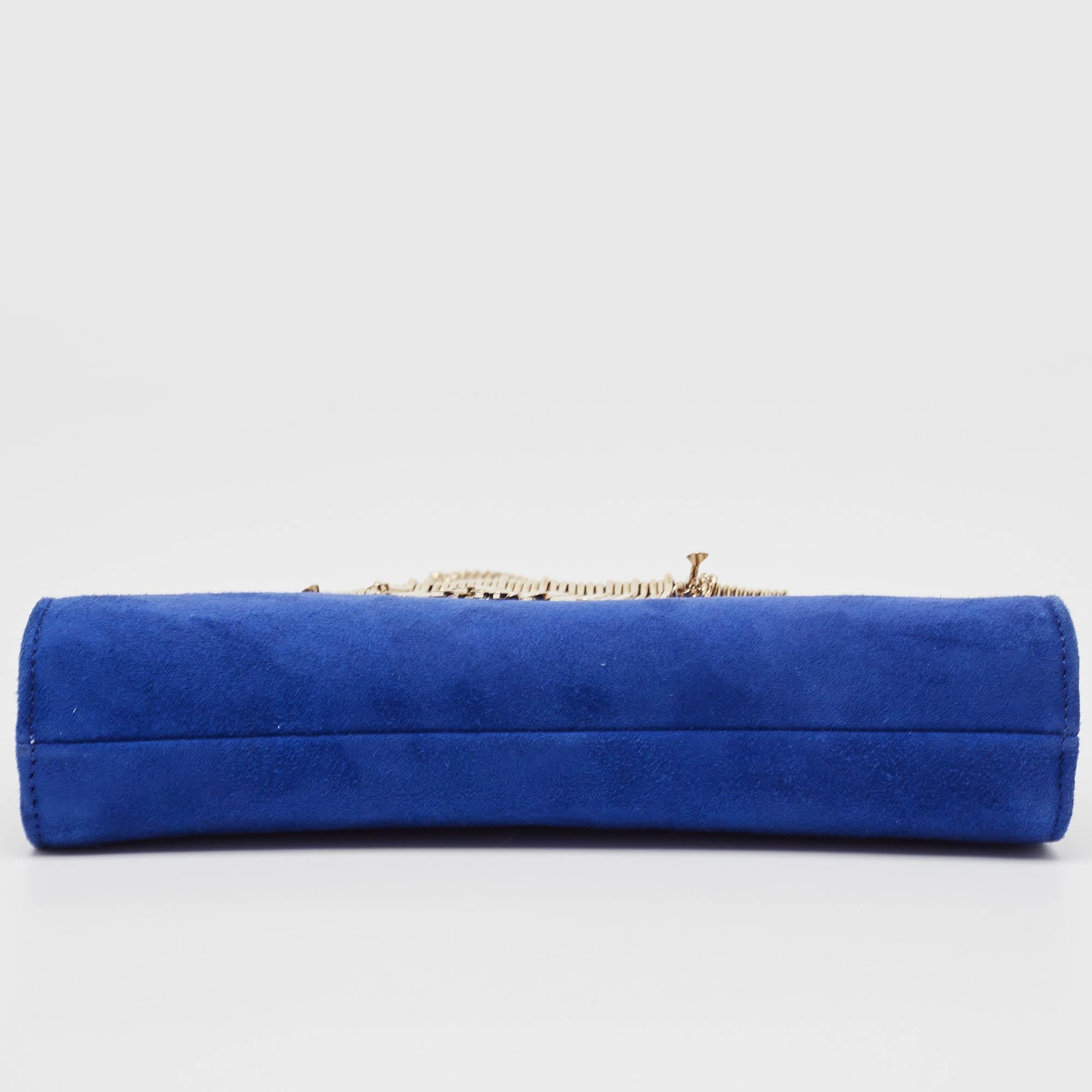 Jimmy Choo Blue Alcantara Fringe Bracelet Venus Chain Clutch For Sale 2