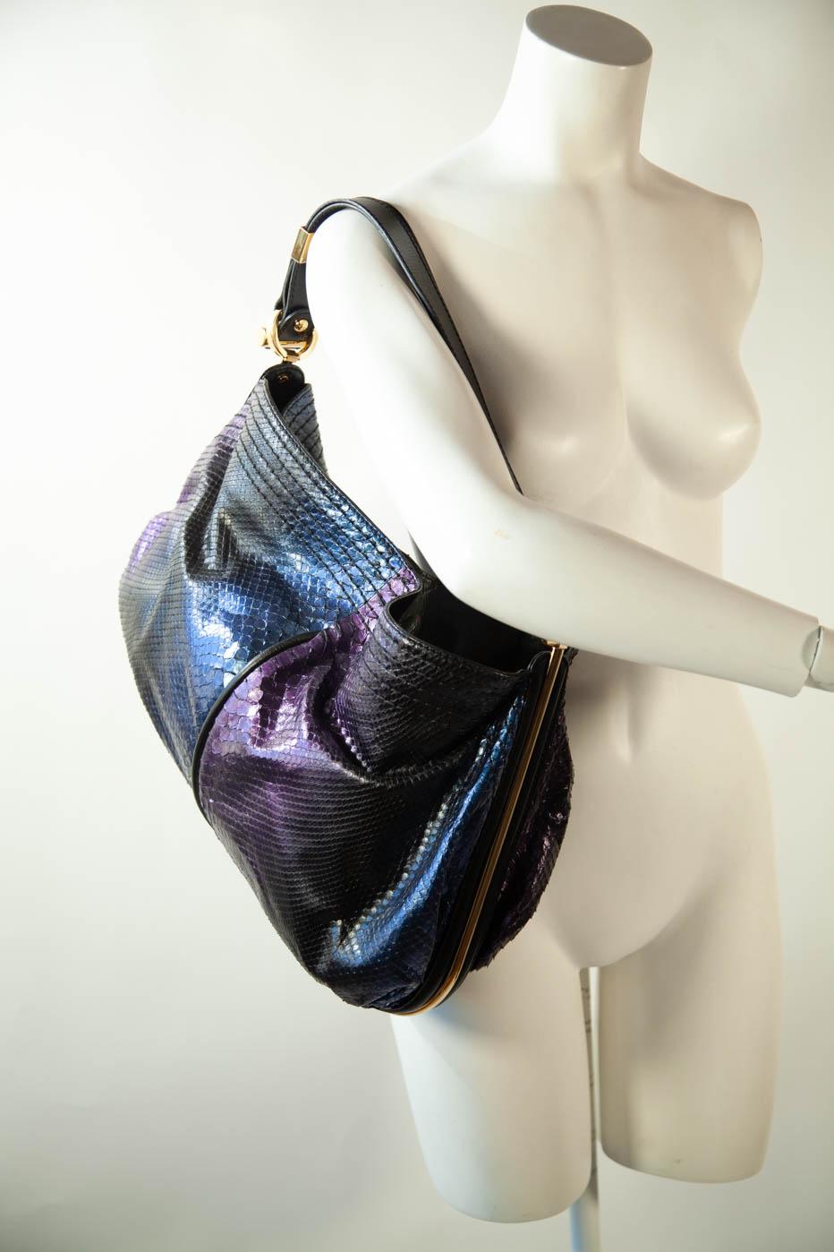 Jimmy Choo blue and purple metallic python snakeskin tote bag 

19