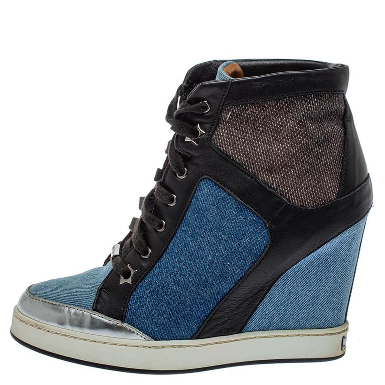 Jimmy Choo Blue/Black Denim And Leather Wedge Panama Sneakers Size 37.5 For  Sale at 1stDibs