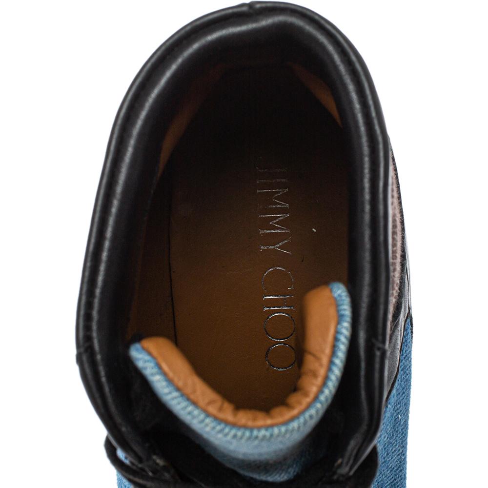 Jimmy Choo Blue/Black Denim And Leather Wedge Panama Sneakers Size 37.5 In Good Condition In Dubai, Al Qouz 2
