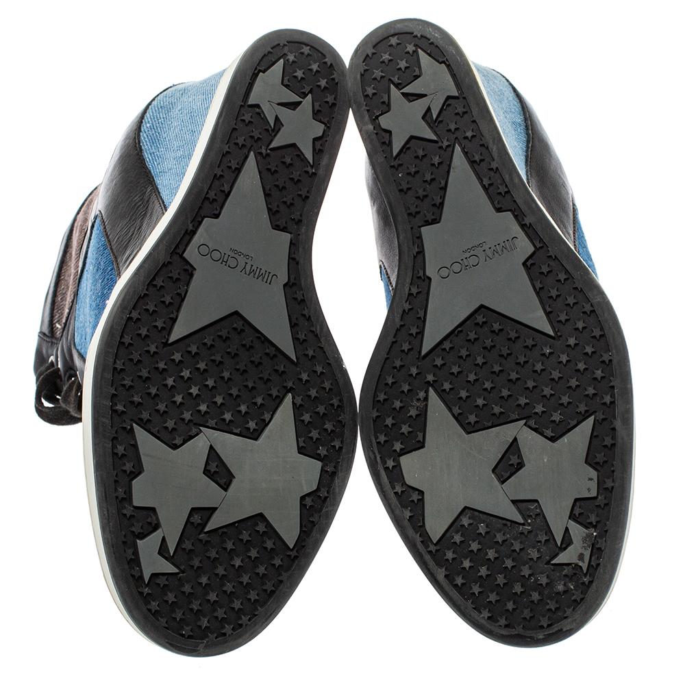 Women's Jimmy Choo Blue/Black Denim And Leather Wedge Panama Sneakers Size 37.5