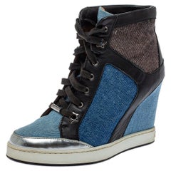 Jimmy Choo Blue/Black Denim And Leather Wedge Panama Sneakers Size 37.5