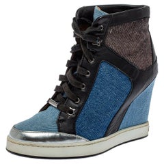 Jimmy Choo Blue/Black Denim And Leather Wedge Panama Sneakers Size 37.5