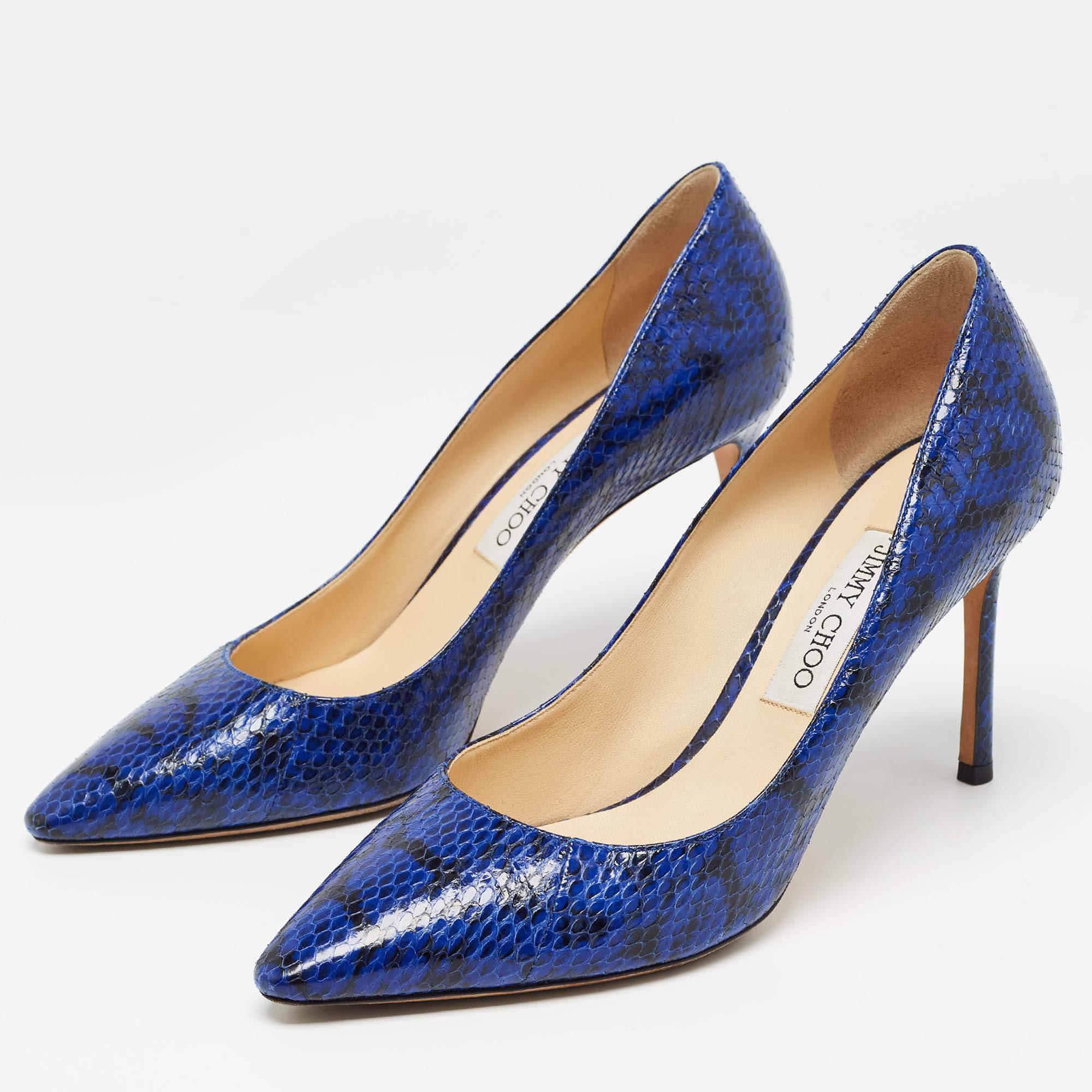 Jimmy Choo never fails to impress with its elegant designs, and this pair of Romy pumps is a fine example. Made from Watersnake leather, it will lend you a stellar style statement, and its 9cm heels will add grace to your every step. 