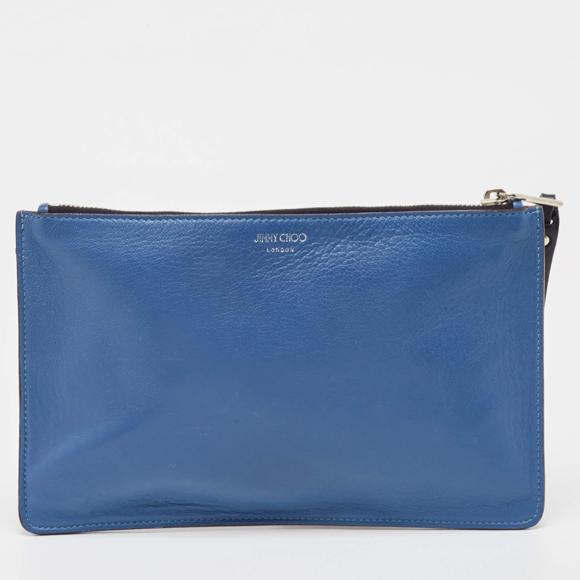 Jimmy Choo Blue/Burgundy Leather and Suede Zip Slim Clutch For Sale 3