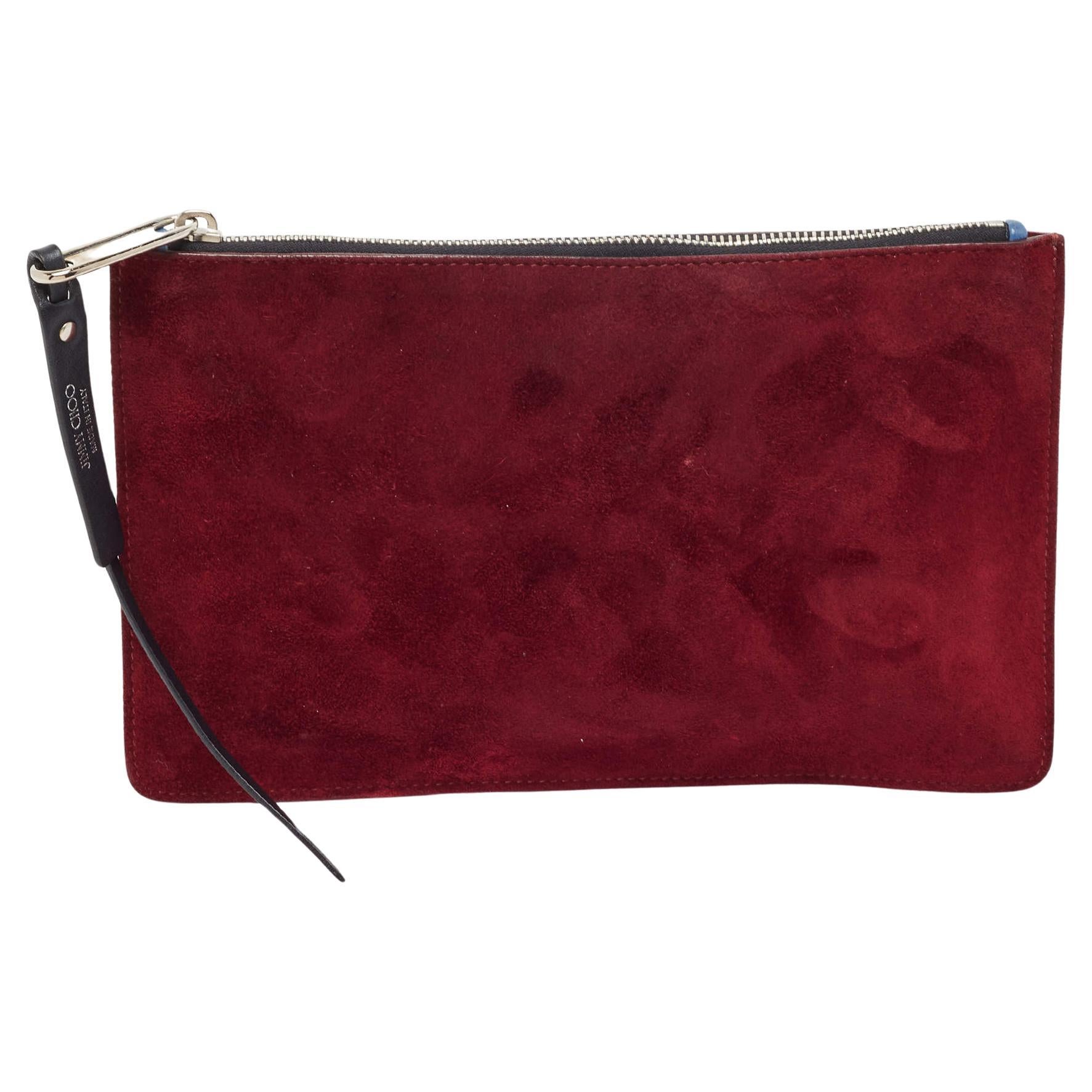 Jimmy Choo Blue/Burgundy Leather and Suede Zip Slim Clutch For Sale
