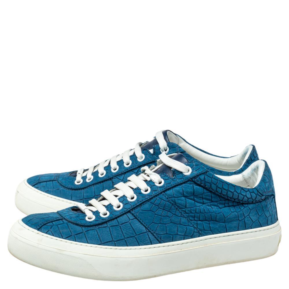 Jimmy Choo Blue Croc Embossed Leather Low Top Sneakers Size 42 In Good Condition In Dubai, Al Qouz 2