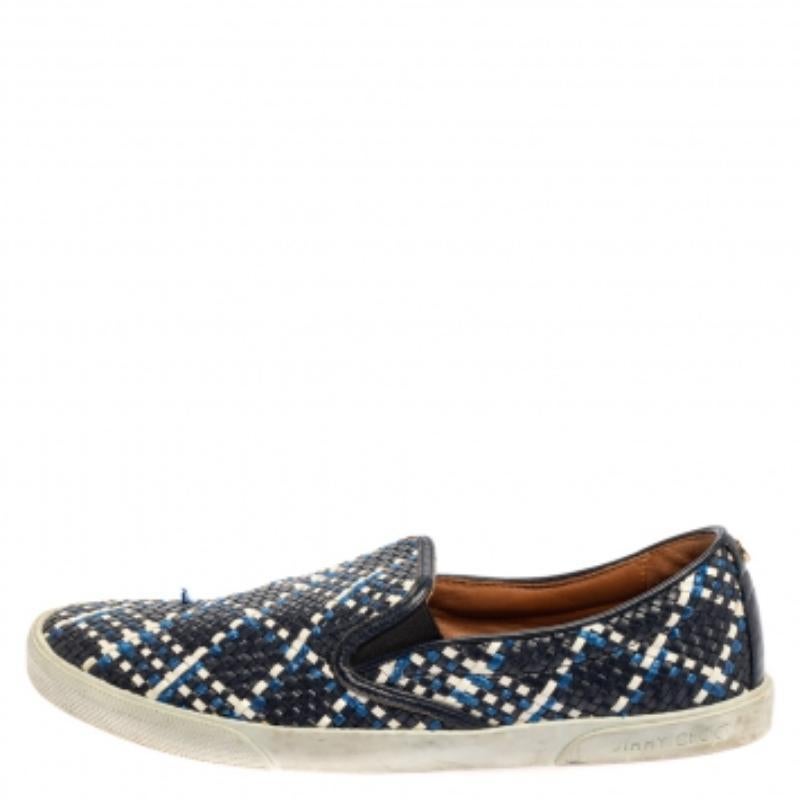 Designed to elevate your style quotient and give you comfort at the same time, Jimmy Choo brings you these lovely slip-on sneakers. They've been crafted from woven leather and designed with round toes and logo details on the counters. They are