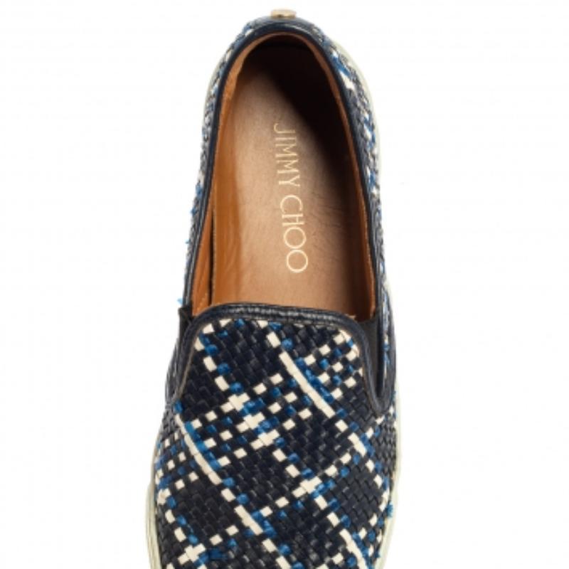 Jimmy Choo Blue Demi Woven Leather Slip-on Sneakers Size 39.5 In Good Condition For Sale In Dubai, Al Qouz 2