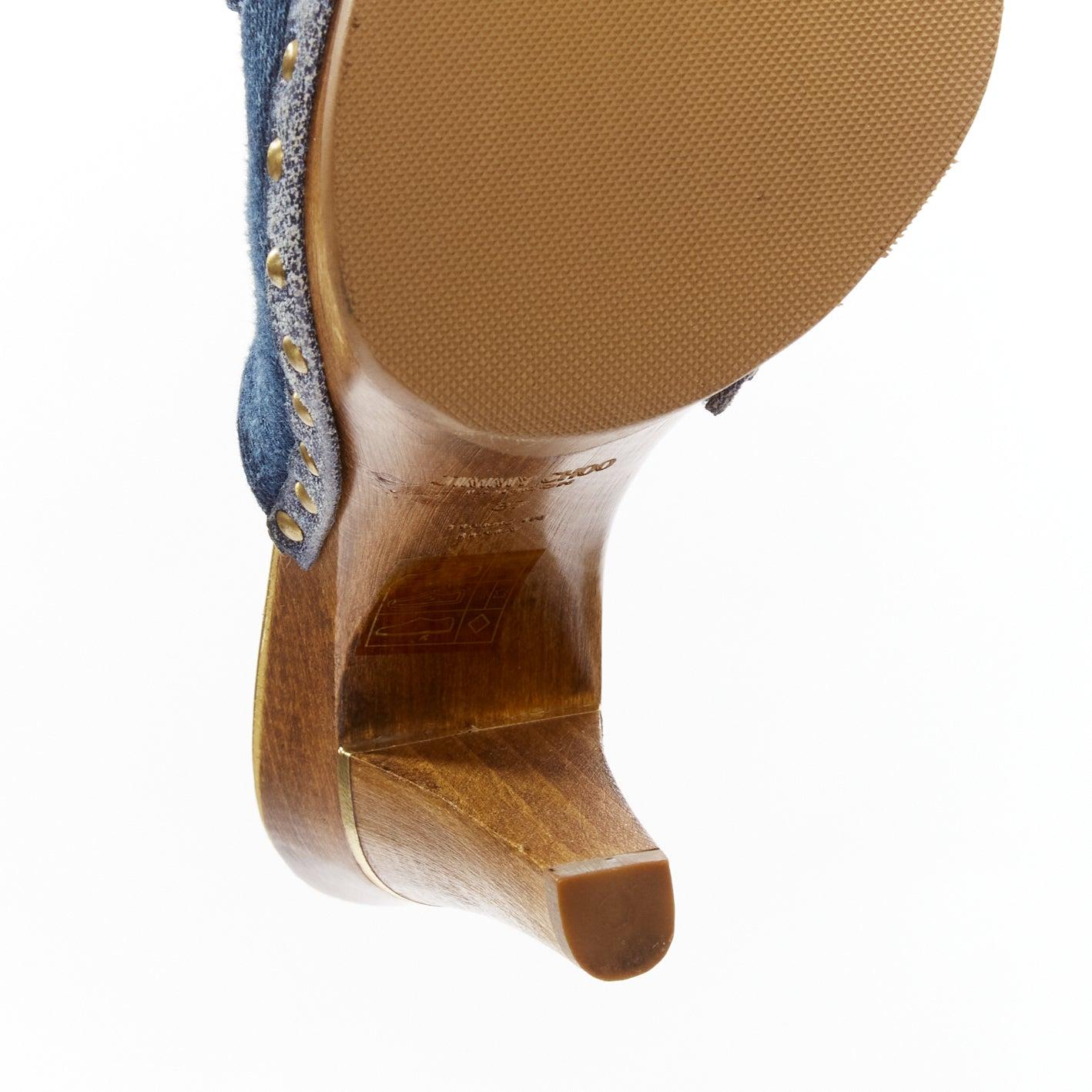 JIMMY CHOO blue denim bow brown wood platform mules EU37 5