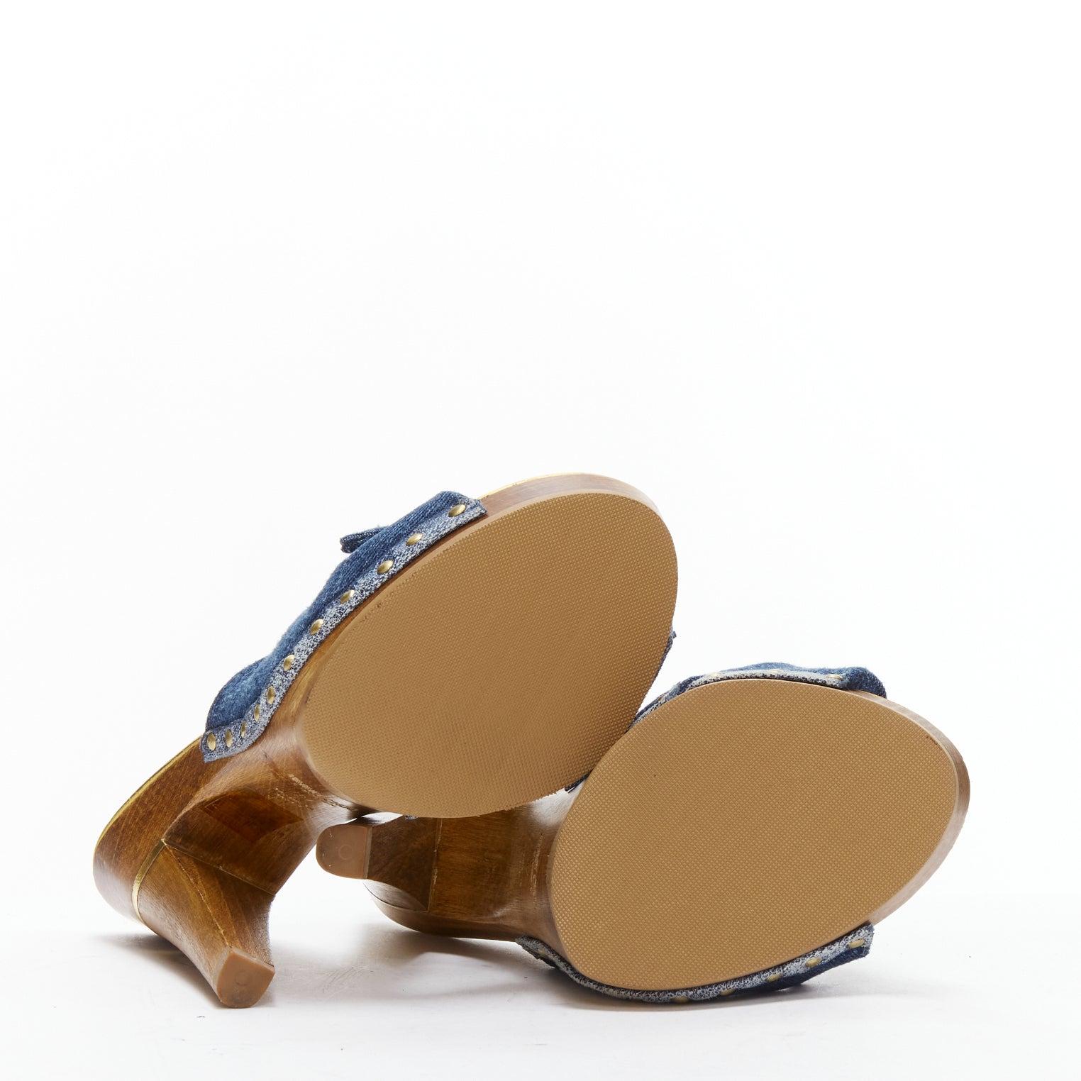 JIMMY CHOO blue denim bow brown wood platform mules EU37 6