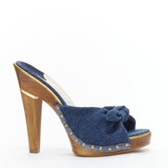 JIMMY CHOO blue denim bow brown wood platform mules EU37