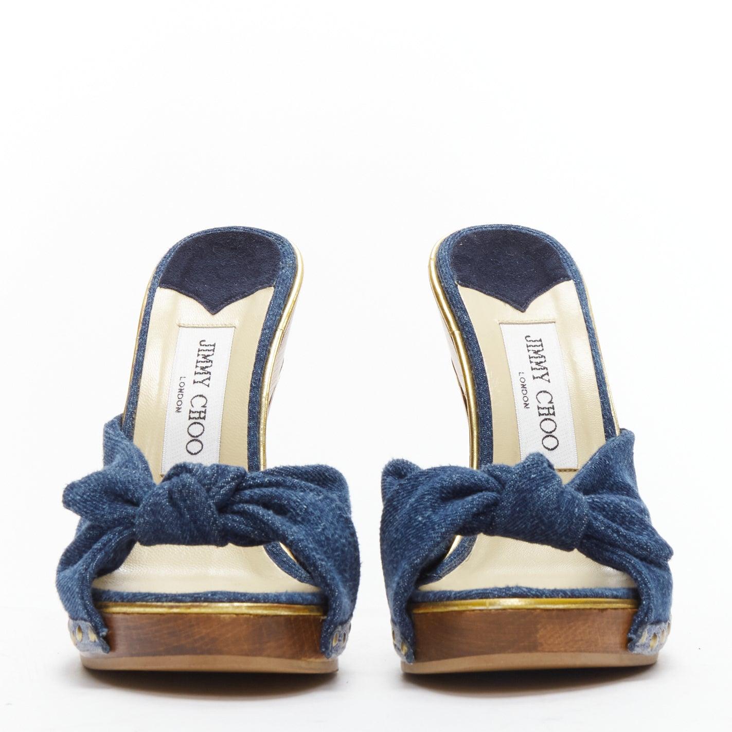 Black JIMMY CHOO blue denim bow brown wood platform mules EU37