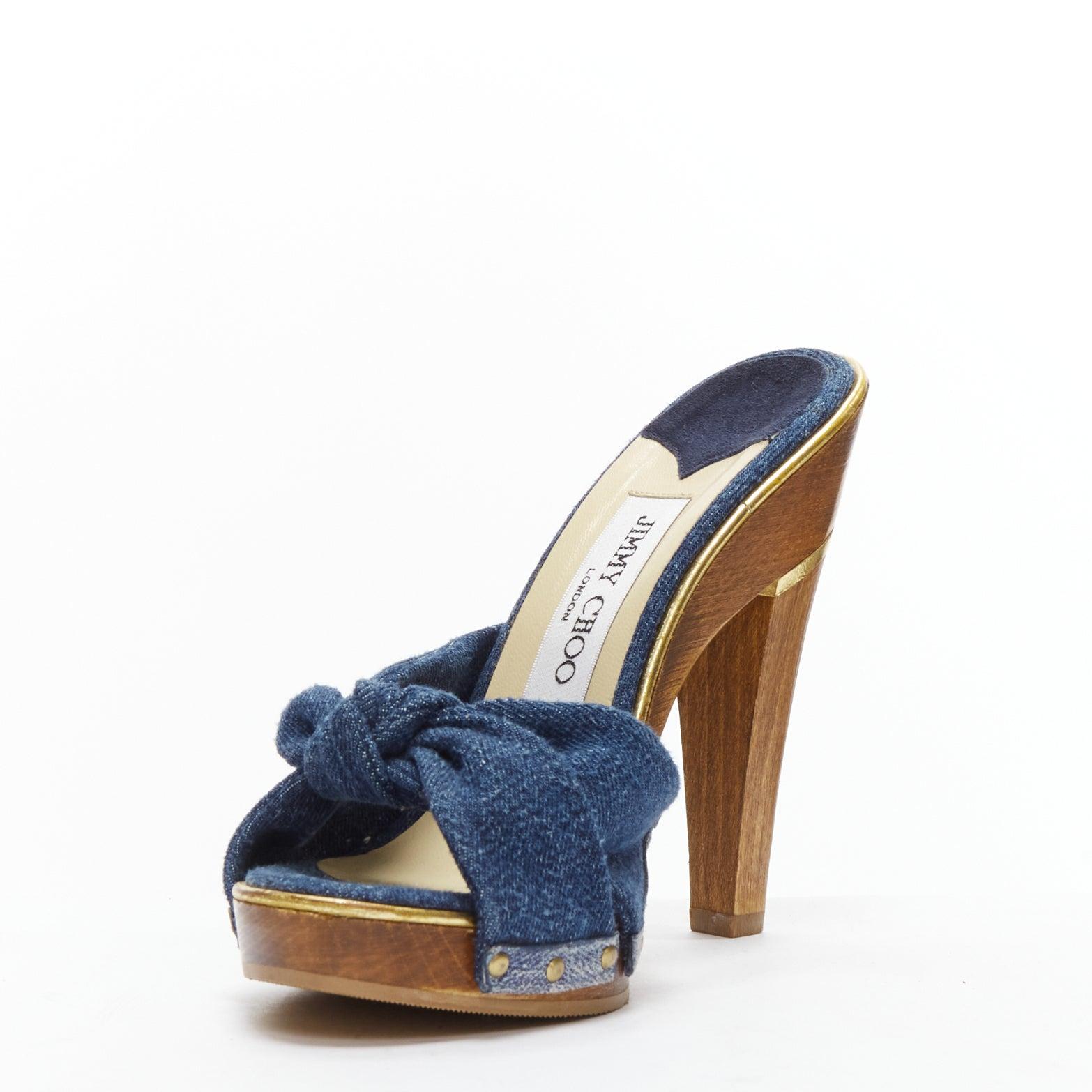 JIMMY CHOO blue denim bow brown wood platform mules EU37 In Good Condition In Hong Kong, NT