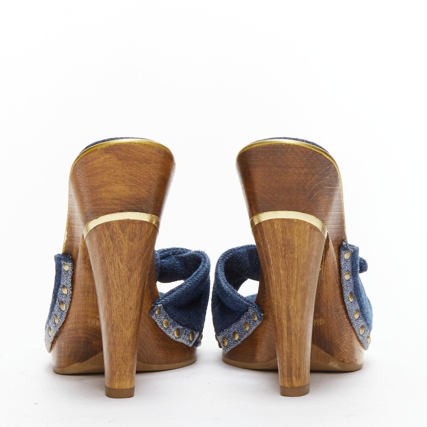 Women's JIMMY CHOO blue denim bow brown wood platform mules EU37