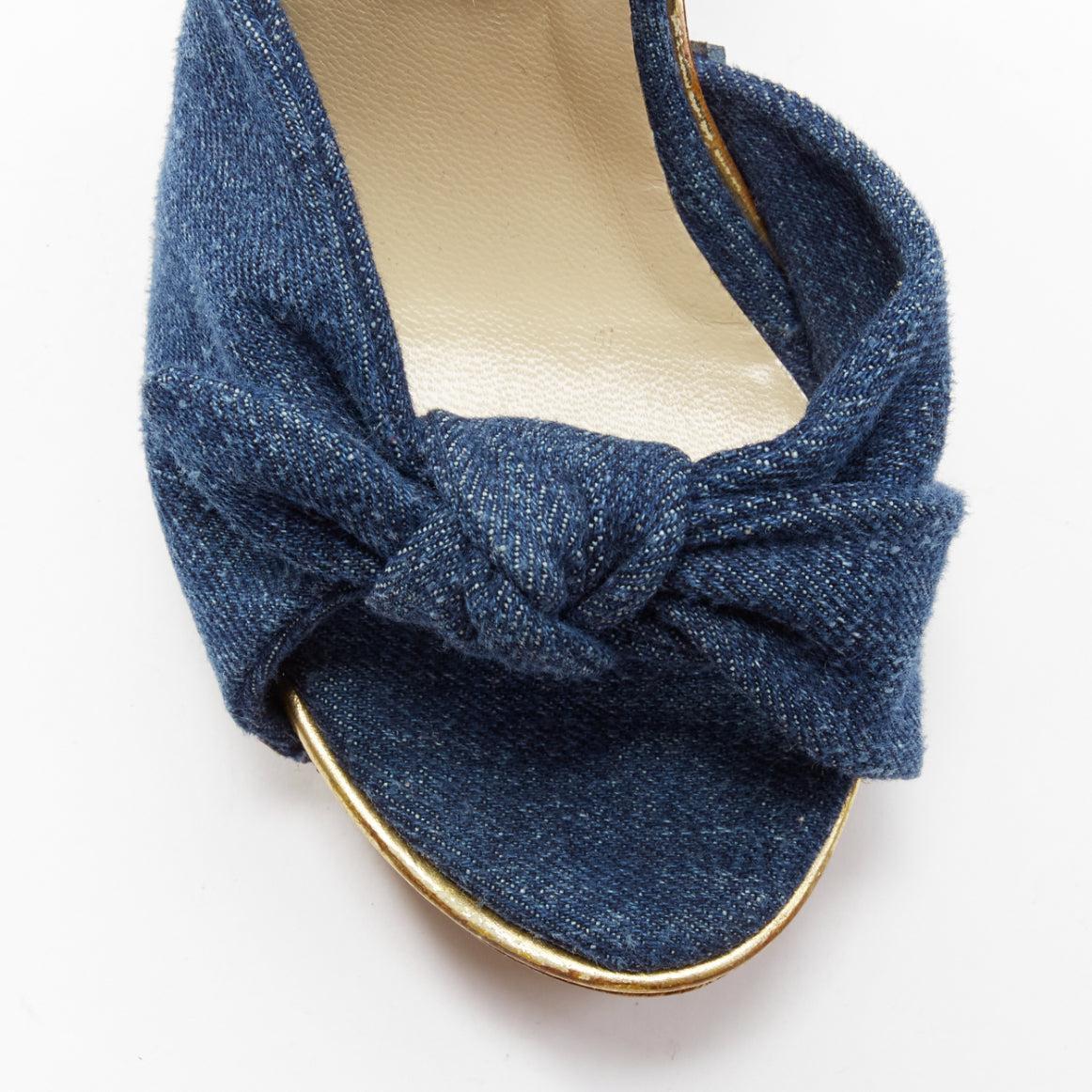 JIMMY CHOO blue denim bow brown wood platform mules EU37 1