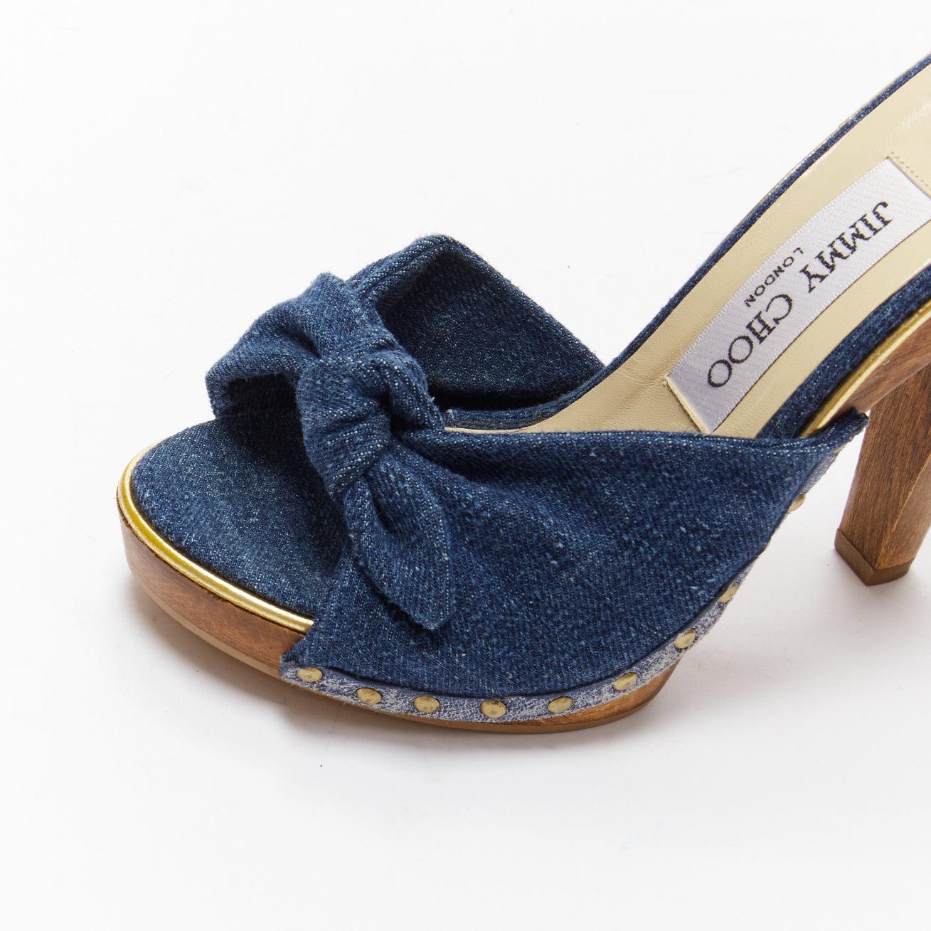 JIMMY CHOO blue denim bow brown wood platform mules EU37 2
