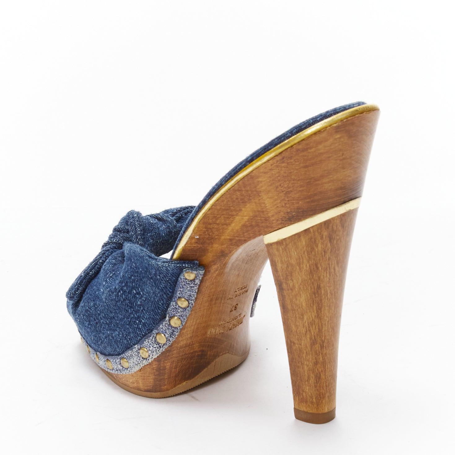 JIMMY CHOO blue denim bow brown wood platform mules EU37 3