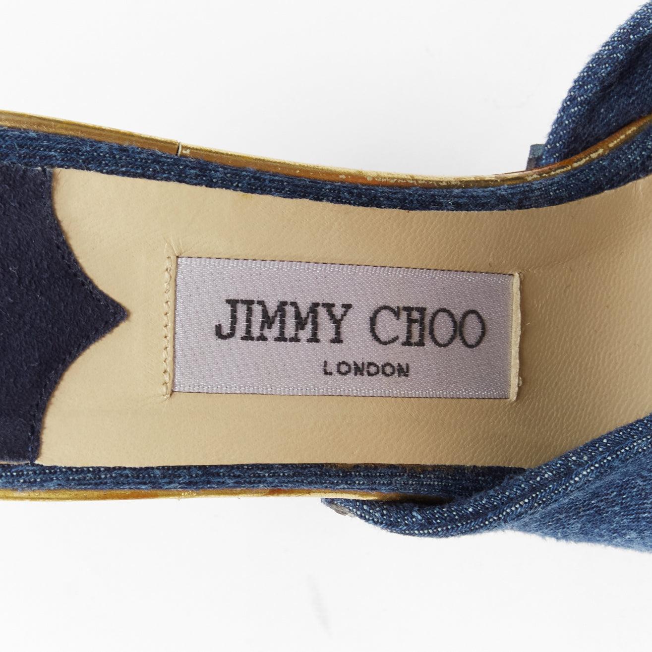 JIMMY CHOO blue denim bow brown wood platform mules EU37 4