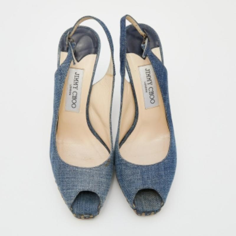 Black Jimmy Choo Blue Denim Peep Toe Slingback Sandals Size 37.5 For Sale