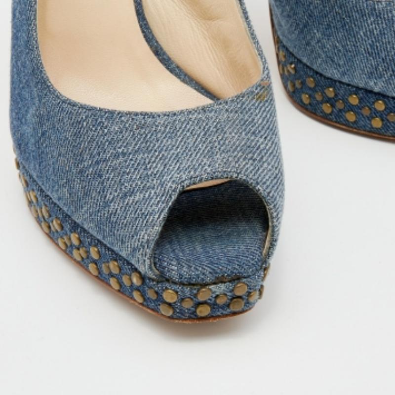 Women's Jimmy Choo Blue Denim Peep Toe Slingback Sandals Size 37.5 For Sale
