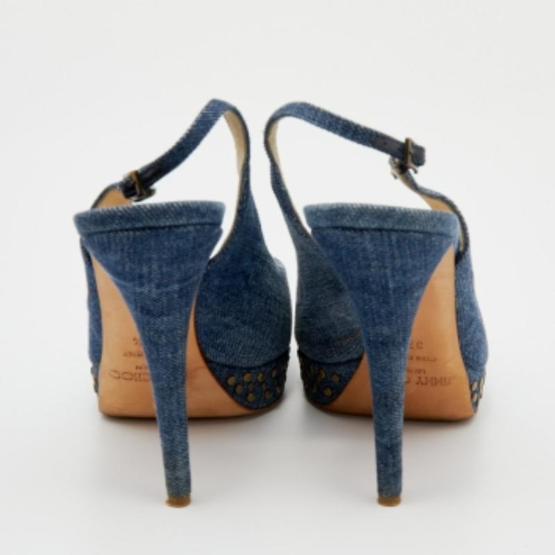 Jimmy Choo Blue Denim Peep Toe Slingback Sandals Size 37.5 For Sale 1