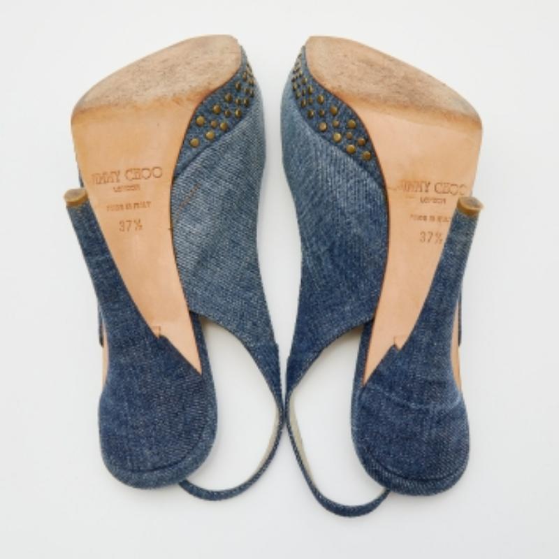 Jimmy Choo Blue Denim Peep Toe Slingback Sandals Size 37.5 For Sale 2