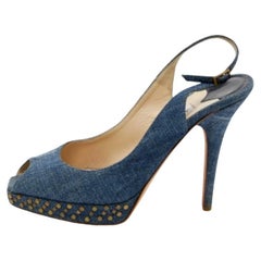 Jimmy Choo Blue Denim Peep Toe Slingback Sandals Size 37.5