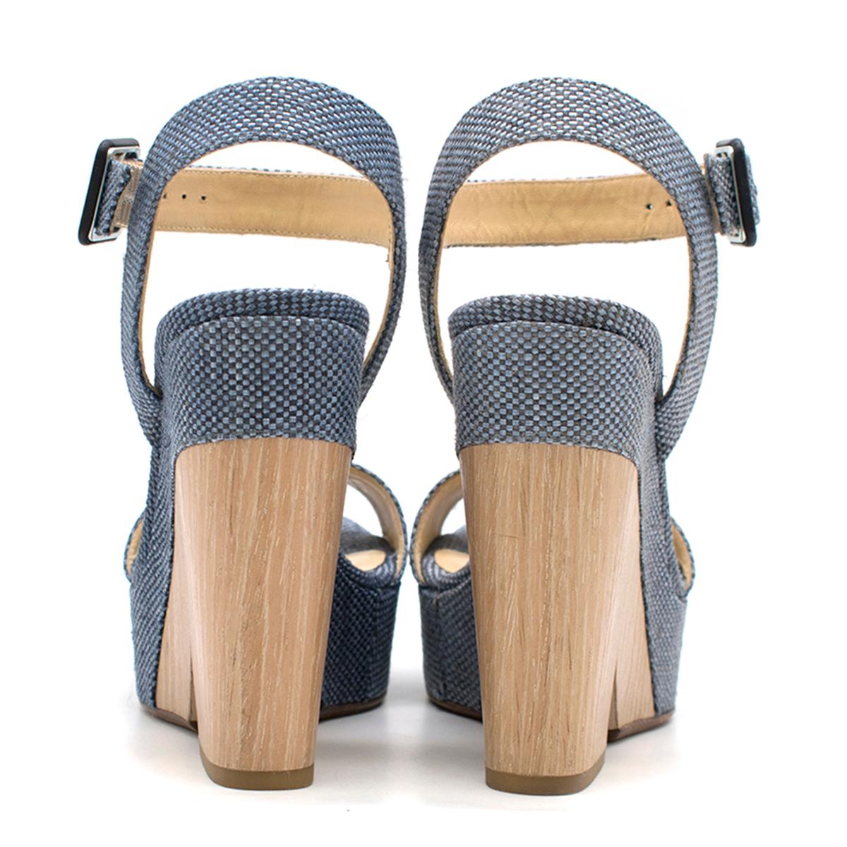 Gray Jimmy Choo Blue Fine Raffia Nico 125 Wedge Sandals Size 35 For Sale