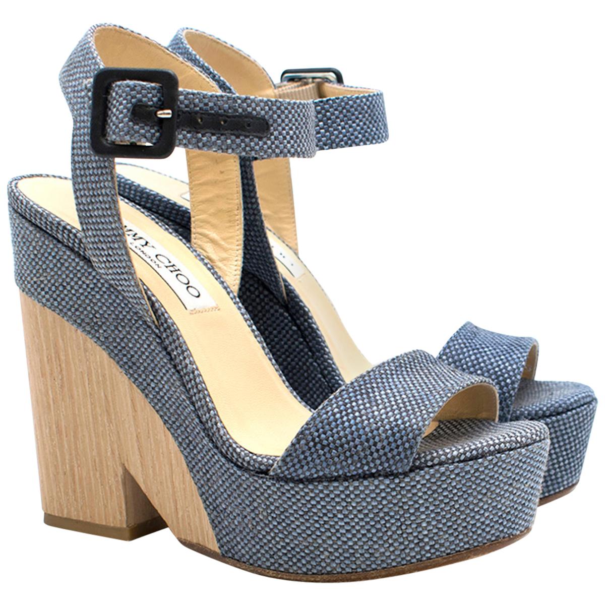 Jimmy Choo Blue Fine Raffia Nico 125 Wedge Sandals Size 35 For Sale