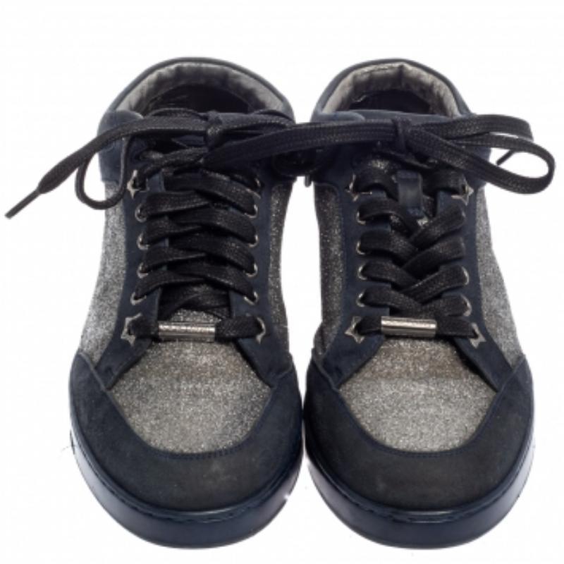 Women's Jimmy Choo Blue Glitter And Suede Miami Low Top Sneakers Size 38 For Sale