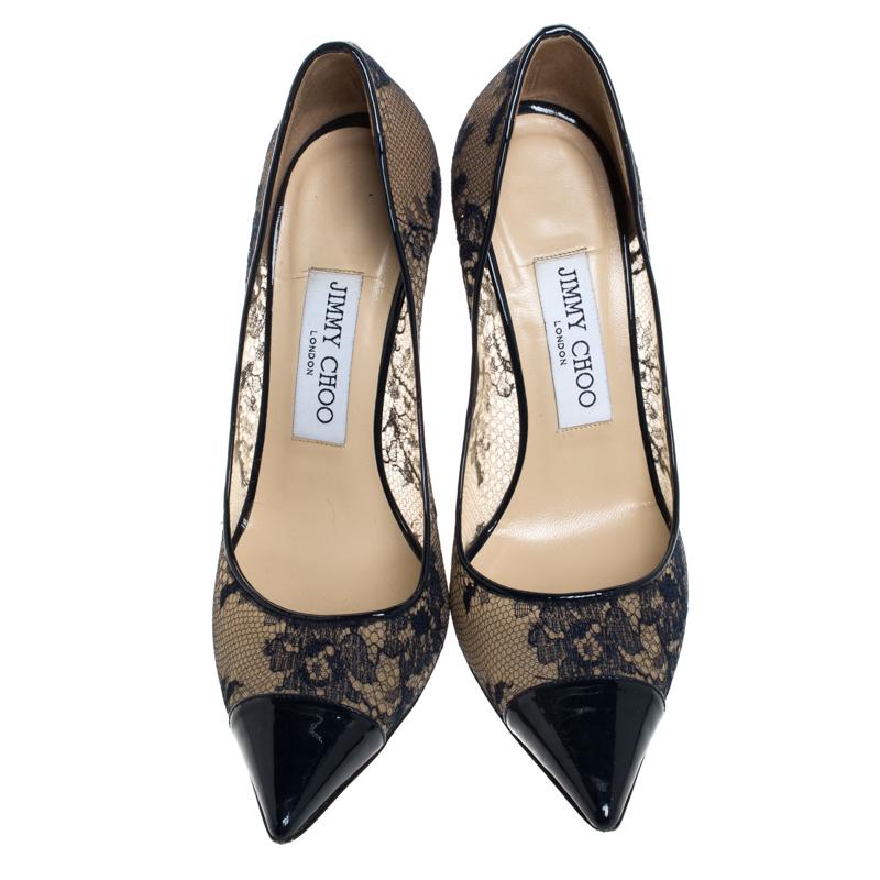These party-perfect pumps from Jimmy Choo are stunning and will complete your look with class. Crafted from intricate lace and patent leather, they come in a lovely shade of blue. They come with pointed cap toes, leather-lined insoles that carry