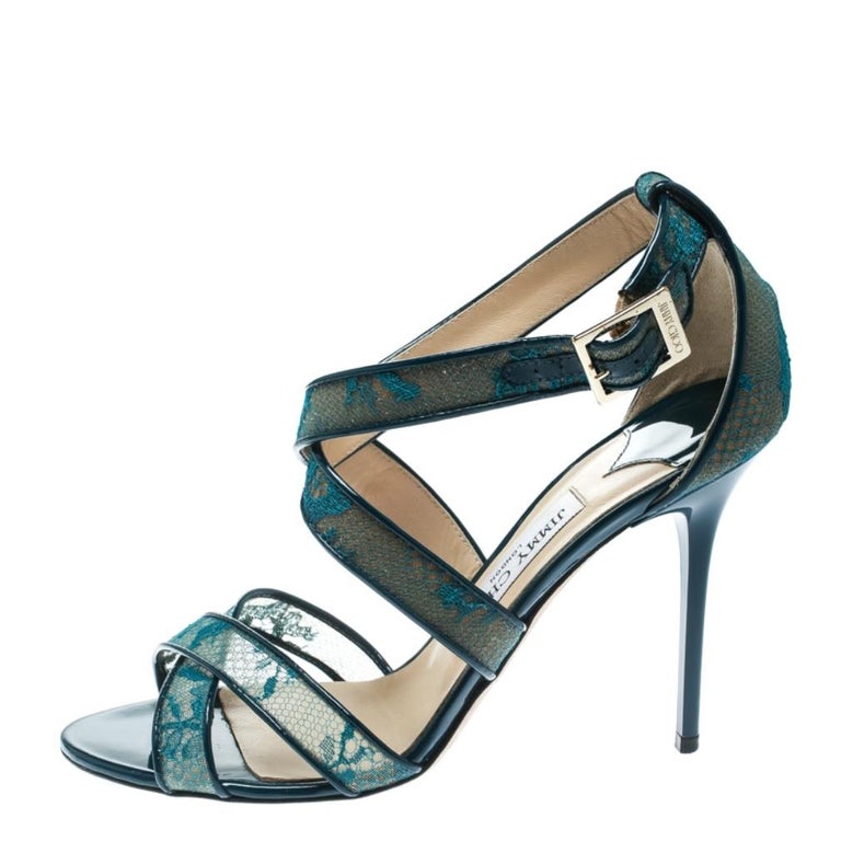 Jimmy Choo Blue Lace and Patent Leather Lottie Strappy Sandals Size 40 ...