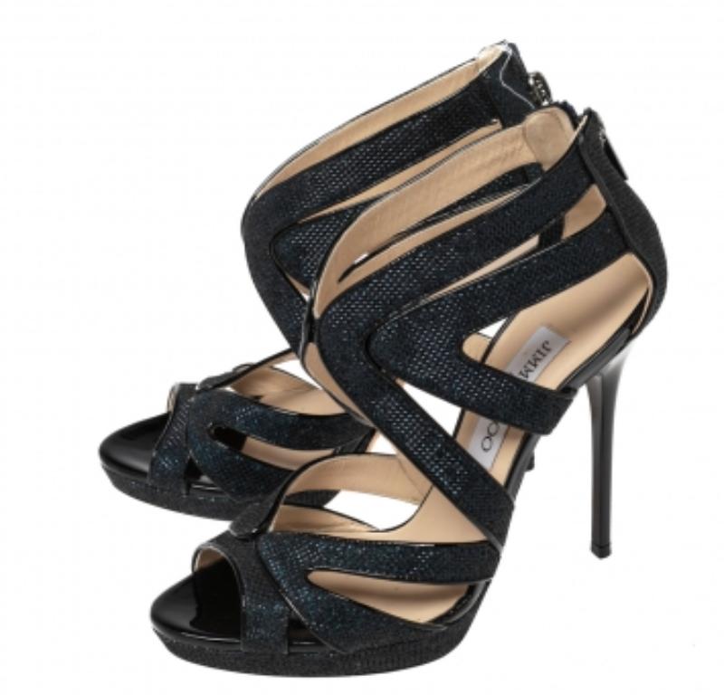 Black Jimmy Choo Blue Lamé Fabric And Glitter Leila Sandals Size 36.5 For Sale