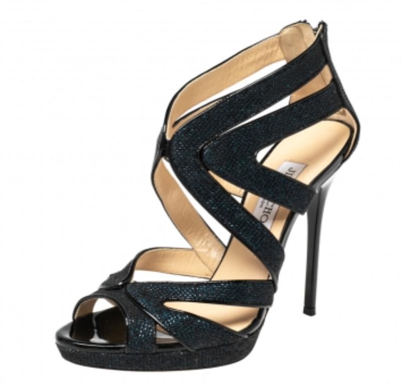 Jimmy Choo Blue Lamé Fabric And Glitter Leila Sandals Size 36.5 In Good Condition For Sale In Dubai, Al Qouz 2