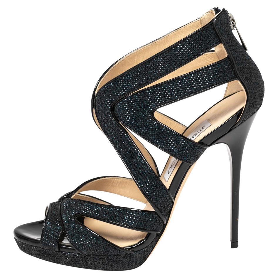 Jimmy Choo Sandali Leila in Lamé Blu e Glitter Misura 36.5