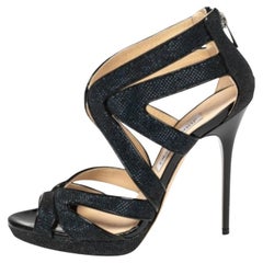 Jimmy Choo Blue Lamé Fabric And Glitter Leila Sandals Size 36.5