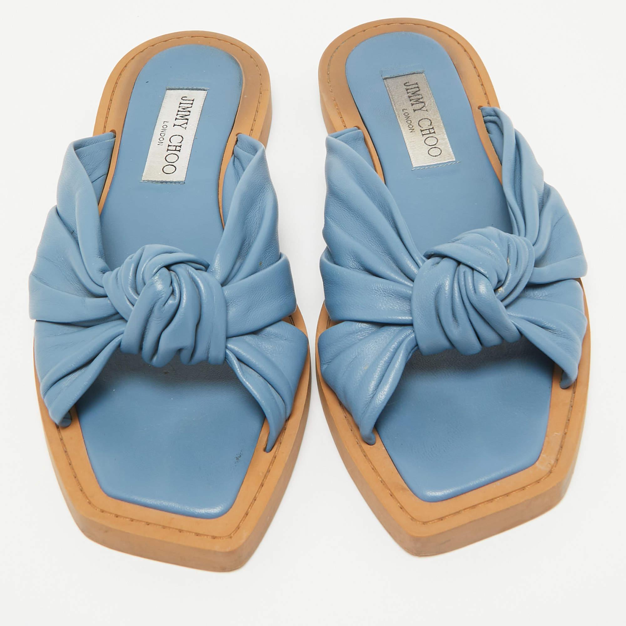 Brown Jimmy Choo Blue Leather Flat Sandals Size 39 For Sale
