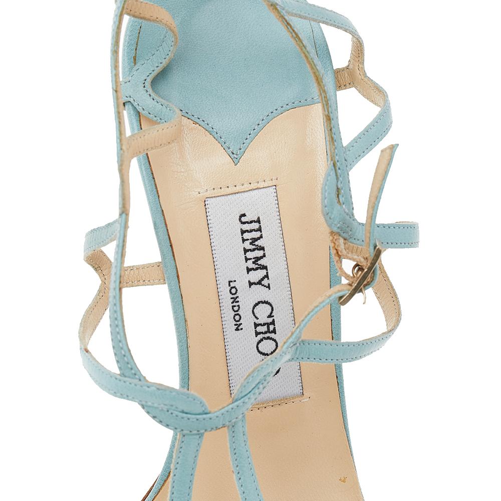 Jimmy Choo Blue Leather T-Strap Sandals Size 38 1