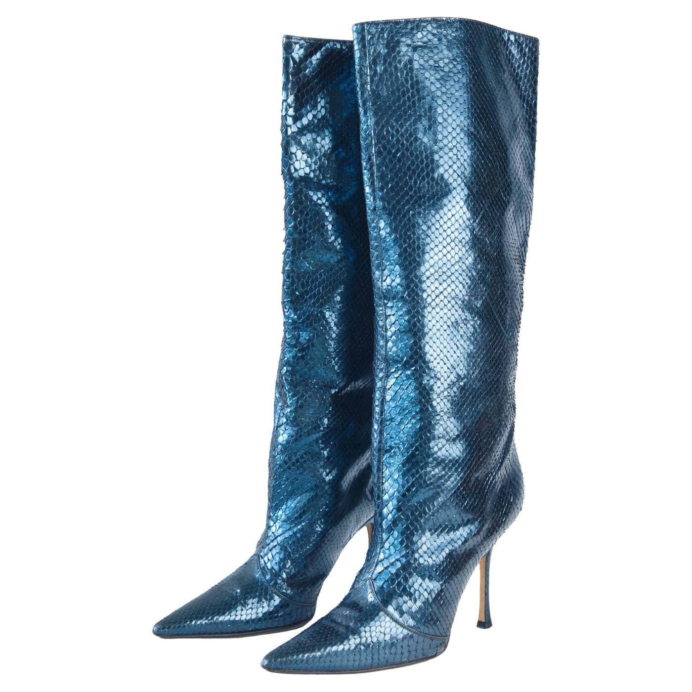 Jimmy Choo Blue Metallic Python Knee High Boots size 40.5 For Sale at ...