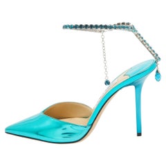 Jimmy Choo Blue Patent Leather Saeda Crystal Embellished Pointed Toe Pumps 40